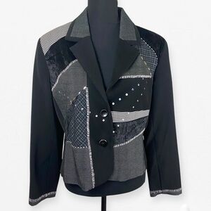 90s 2000s City Girl Patchwork Black and Gray embellished Women's Blazer Jacket M